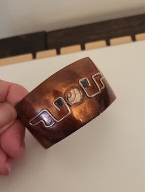 Vintage Copper Cuff Bracelet with Abalone Inlay & Wire Overlay